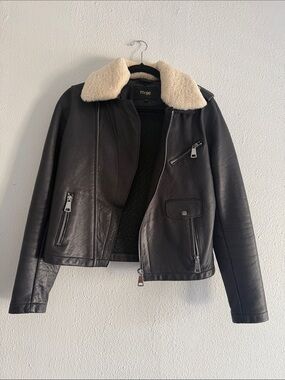 Maje Black Leather Jacket with Cream Shearling Collar